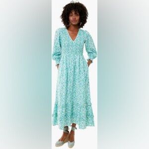 Pink City Prints Isabel V-Neck smocked ruffle trim dress in Mint Trellis, Medium